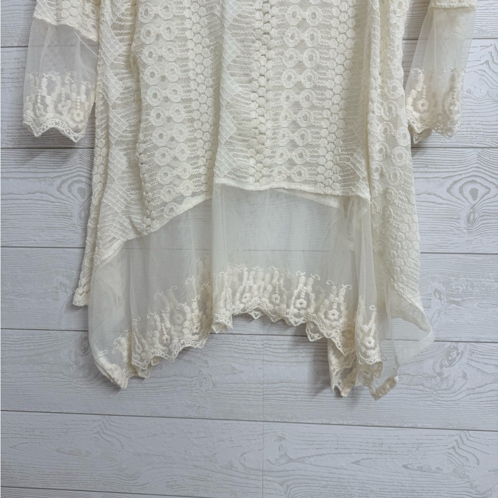 LeModa Women’s Ivory Shear & Lace Boho Top. Size M - Picture 5 of 8